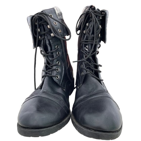 Robert Wayne Black Pleather Cap Toe Fold Top Combat Ankle Boot Womens 8.5 Casual - Picture 5 of 11